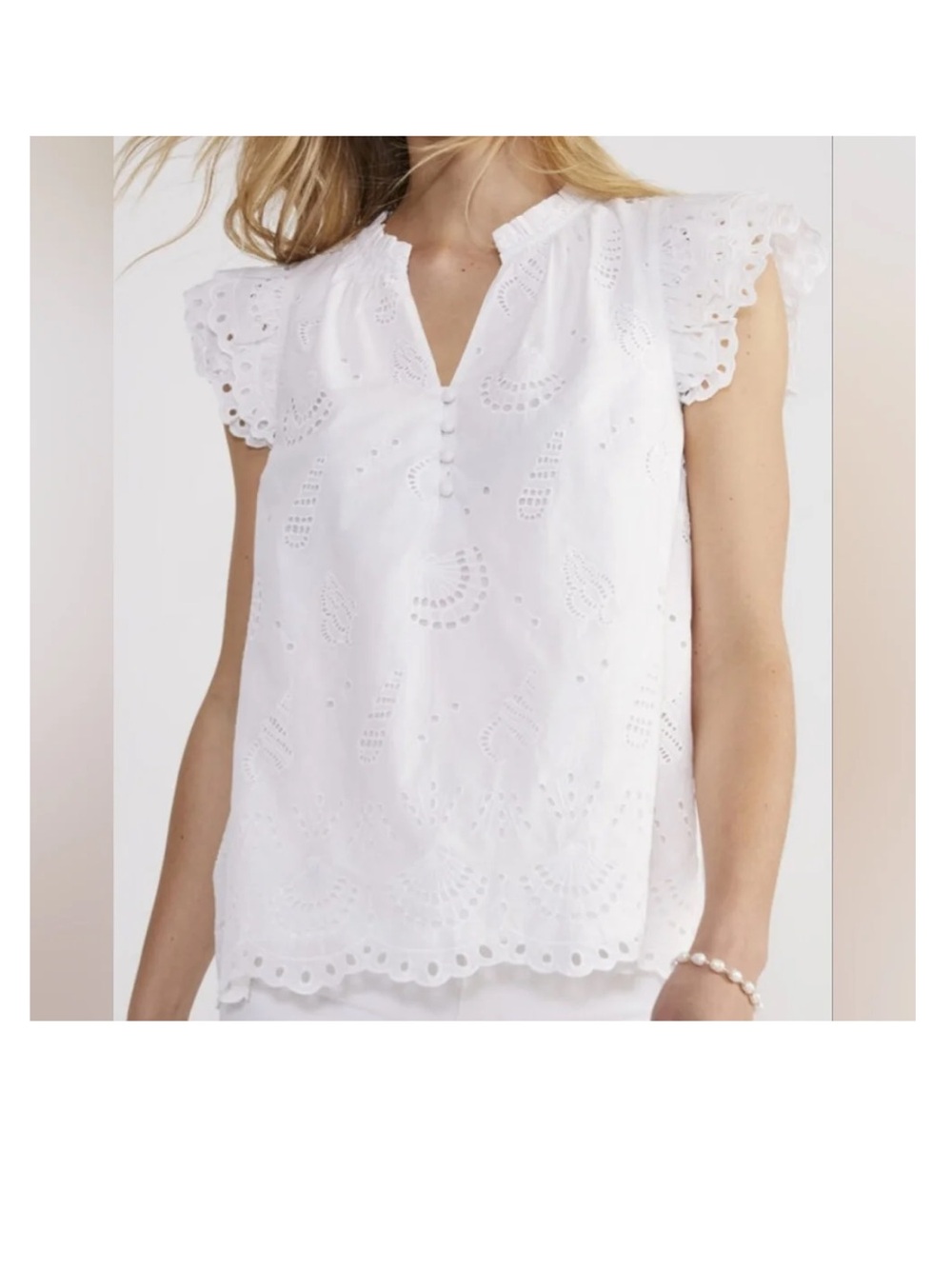 Eyelet Split-Neck Flutter Sleeve Top - White